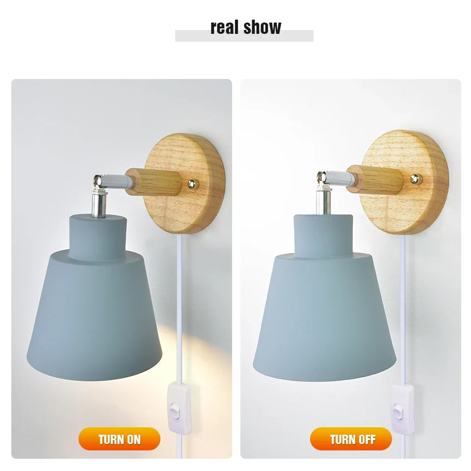 Aplique de pared nórdico para interiores, bricolaje, E27, madera, 6 colores, enchufe EU/UL, 350°, lámparas de pared para sala de estar, dormitorio, pasillo, apliques.