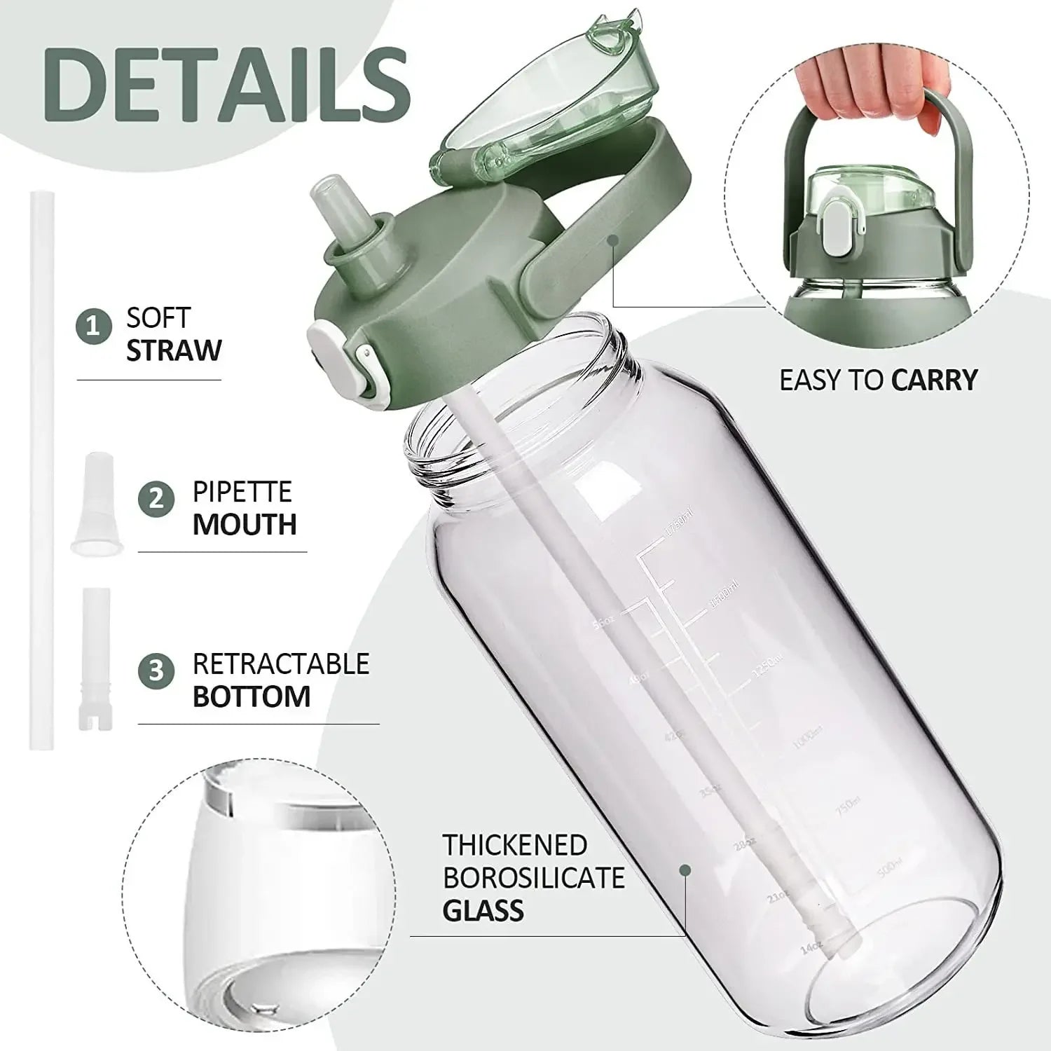 Botellas de agua de vidrio de 1000 ml con pajita, botella de vidrio con funda de silicona y marcador de tiempo, para gimnasio, camping, hogar y oficina.