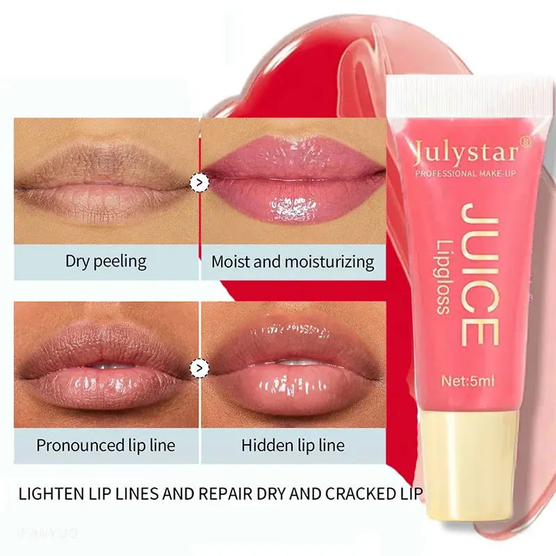 Aceite labial en gel transparente como el agua, bálsamo labial hidratante y suavizante. Reduce las líneas de los labios. Brillo labial con efecto de labios brillantes y aroma a frutas.