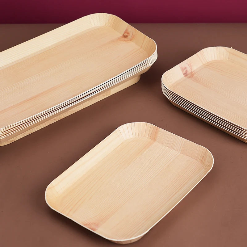 10/20 unidades de platos rectangulares desechables de madera, bandeja de papel, vajilla para postres, pan y ensaladas, accesorios de mesa para cenas y fiestas.