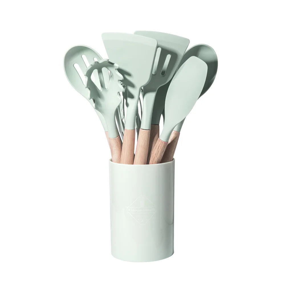 Juego de 12 piezas de utensilios de cocina de silicona multicolor con mango de madera, antiadherentes, espátula y cuchara, resistentes al calor.