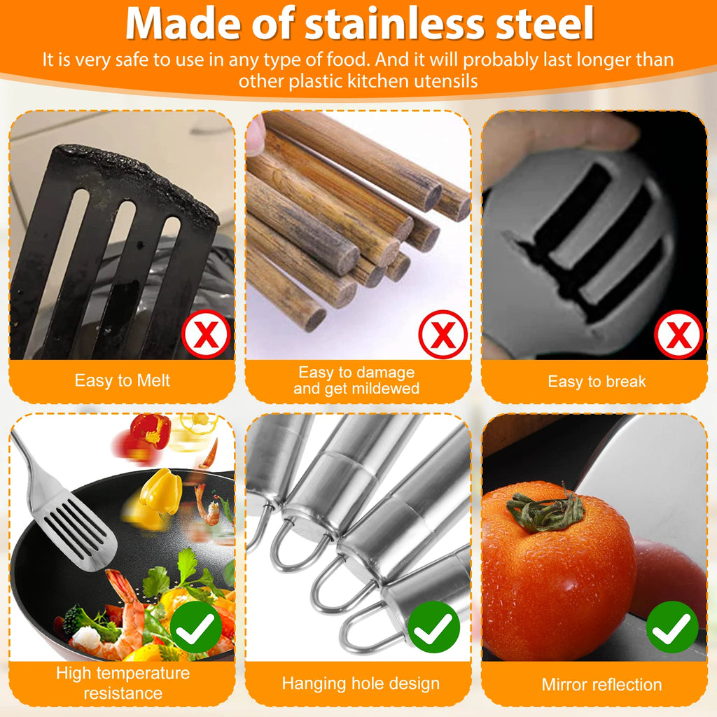 Juego de 5 utensilios de cocina de acero inoxidable duraderos, cucharas, espátulas y utensilios lavables.