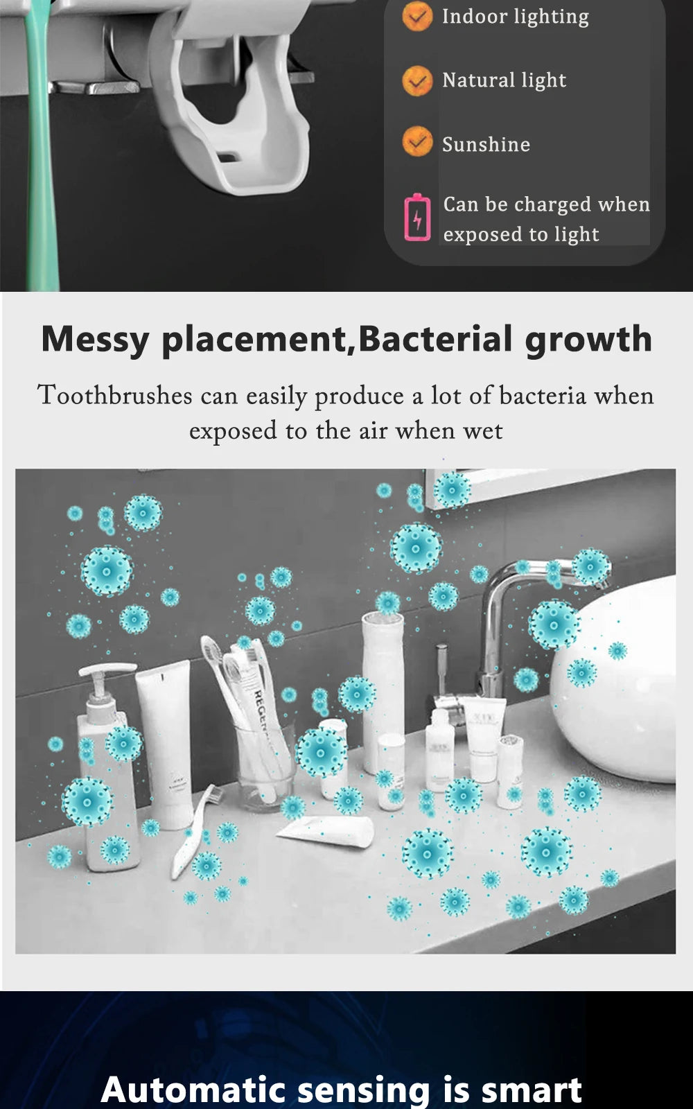 Soporte para cepillos de dientes, dispensador de pasta de dientes, energía solar, caja de almacenamiento para cepillos de dientes de baño, soporte de almacenamiento multifunción, carga USB.