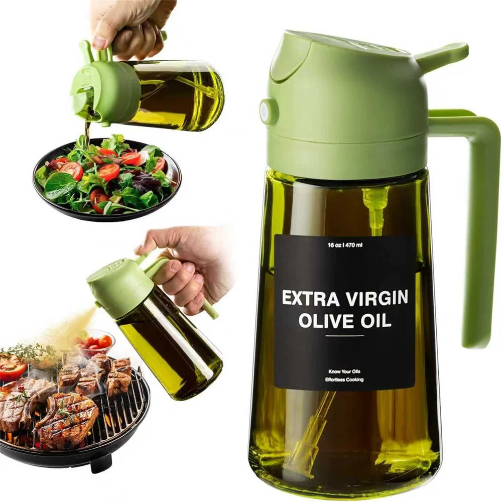 Pulverizador de aceite de 470 ml para cocinar, dispensador de aceite de oliva y botella pulverizadora 2 en 1, pulverizador de aceite con pegatinas, botella pulverizadora de vidrio grueso