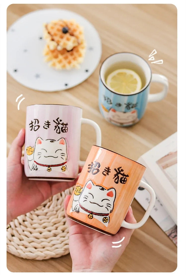 Taza de cerámica con diseño de gato de la suerte japonés, vaso de agua de alta capacidad para el hogar, la cocina y la oficina, ideal para café o té (400 ml).