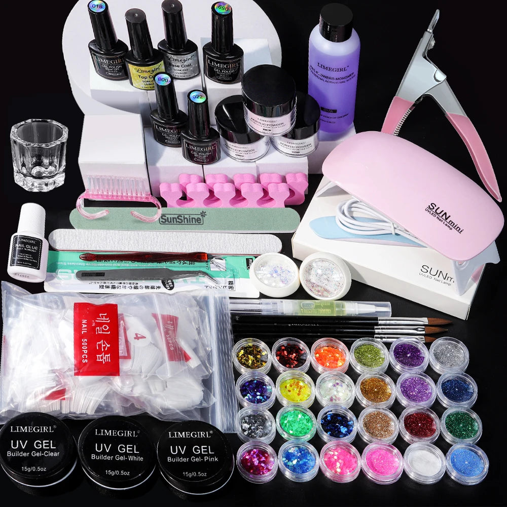Kit de polvo acrílico y monómero líquido LIMEGIRL para uñas, kit de extensión de uñas 3D con luz LED UV y kit de polvo de cristal.
