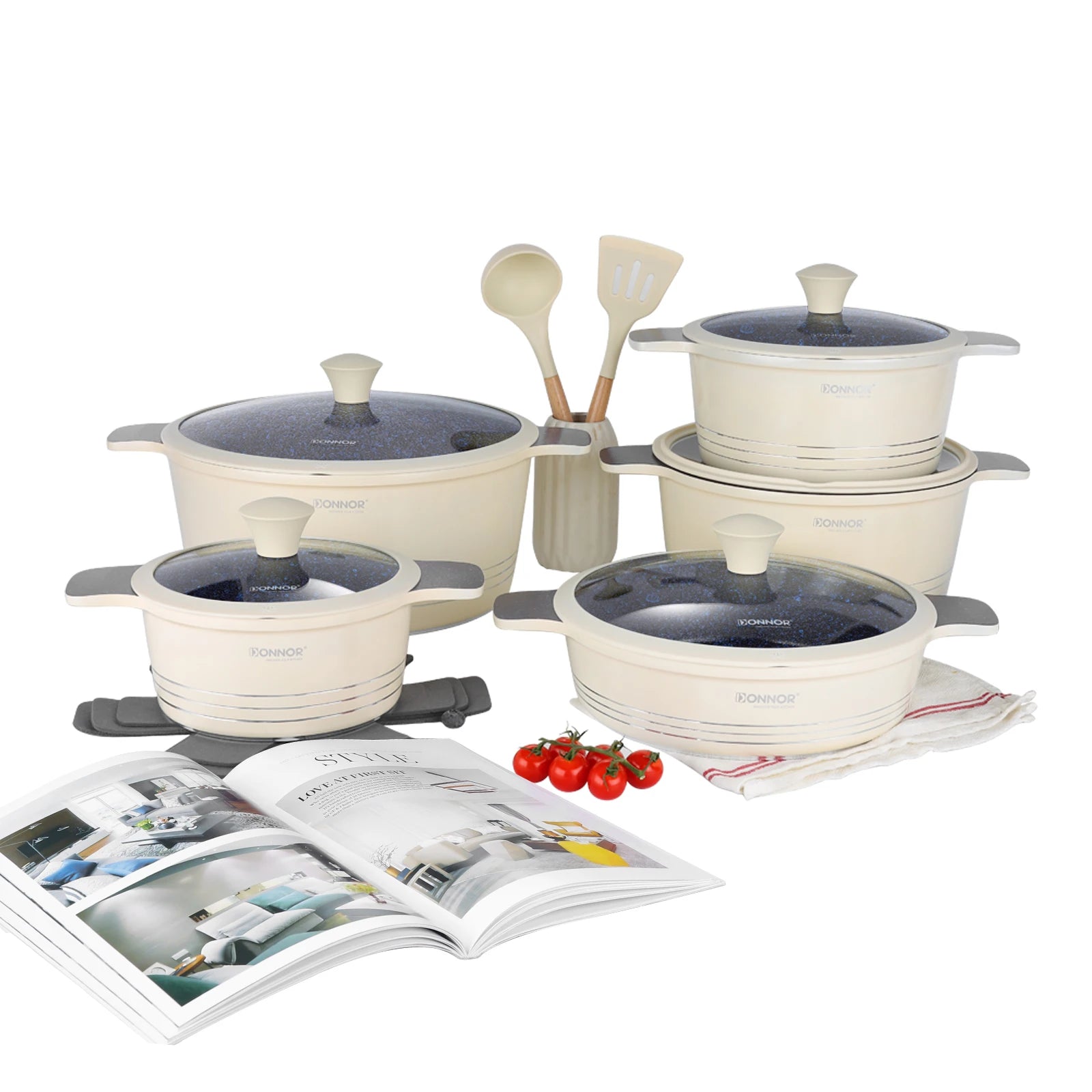 Juego de utensilios de cocina de cerámica DONNOR, juego de utensilios de cocina antiadherentes saludables aptos para placas de inducción y lavavajillas. Libre de PFAS, PFOA y PTFE.