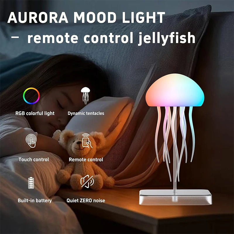 Lámpara LED con forma de medusa, 9 tentáculos, 2 modos de funcionamiento, batería de larga duración, efectos de luz con degradado de color y mando a distancia.