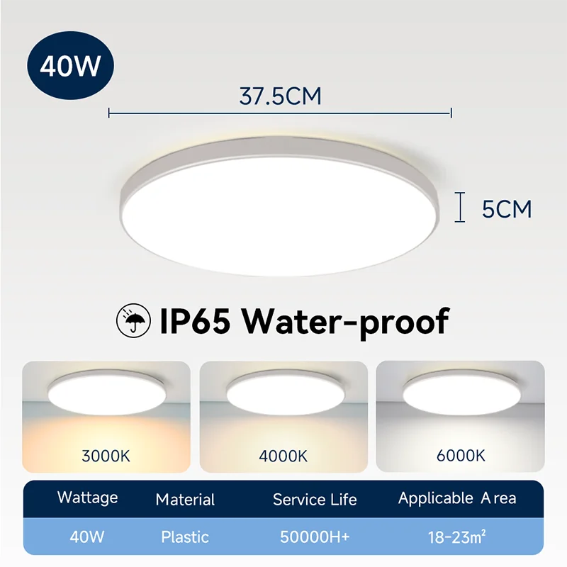 Lámpara de techo LED impermeable para baño, luces de techo redondas de 18W, 30W y 40W para cocina, sala de estar y baño, 220V