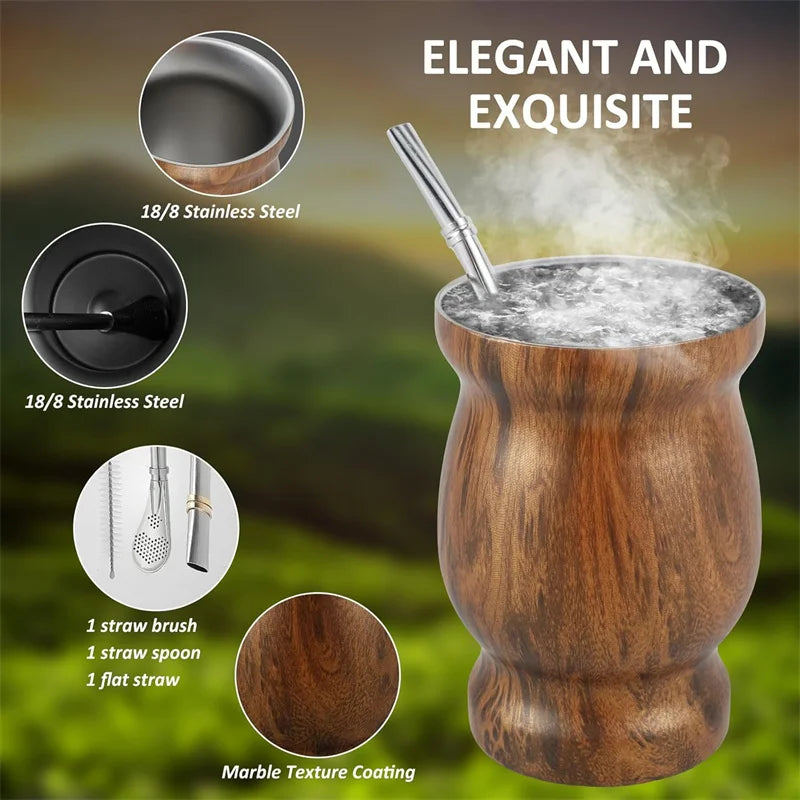 Mate de 8 oz, doble pared de acero inoxidable 304, taza con aislamiento térmico, 2 pajitas y cepillo de limpieza para bebidas.