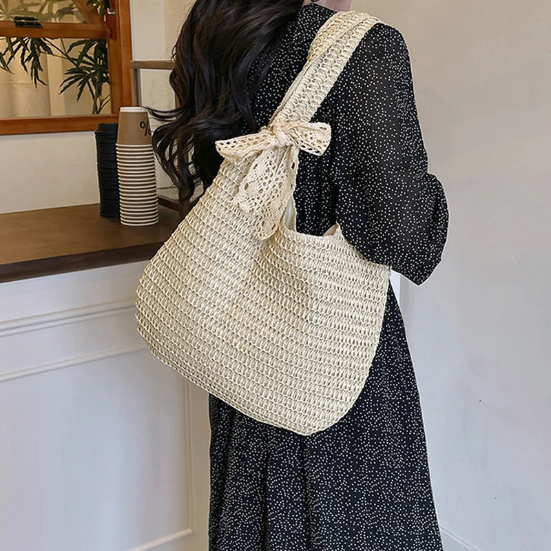 Bolsos de hombro de ratán para mujer, bolsos de mano tejidos para mujer, bolsos de paja de gran capacidad para la playa de verano, bolsos de mano informales.