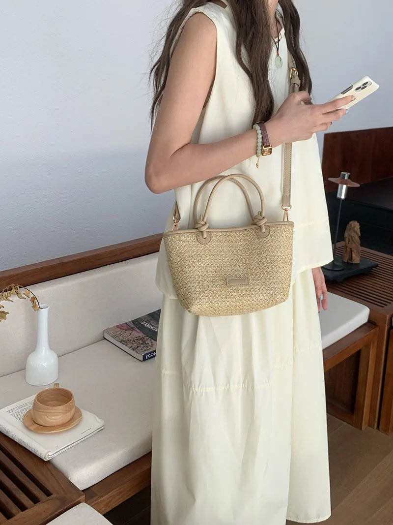 Bolso de hombro de paja para mujer, ideal para vacaciones de verano, con diseño retro. Bolsos cruzados portátiles para mujer, estilo cesta tejida.