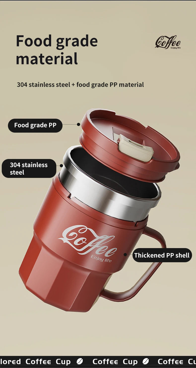 Taza de café WORTHBUY con tapa y asa, de acero inoxidable 304, para té, leche y café, con doble pared aislante y protección anti-quemaduras.