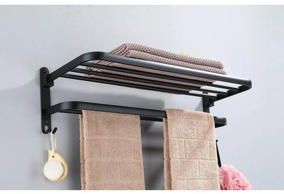Toallero plegable de aluminio de 50 cm en negro mate con gancho para montaje en pared.