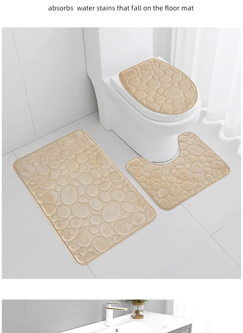 Juego de tres piezas: 1 juego de alfombras de baño sencillas, absorbentes de agua y antideslizantes con estampado de piedra, de color liso, cómodas y suaves.