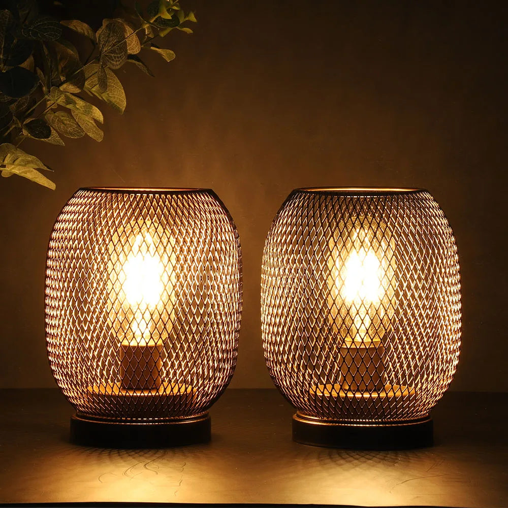 2 lámparas de mesa redondas de metal con forma de jaula, LED, a pilas, inalámbricas, para bodas, fiestas y decoración del hogar. Portavelas.