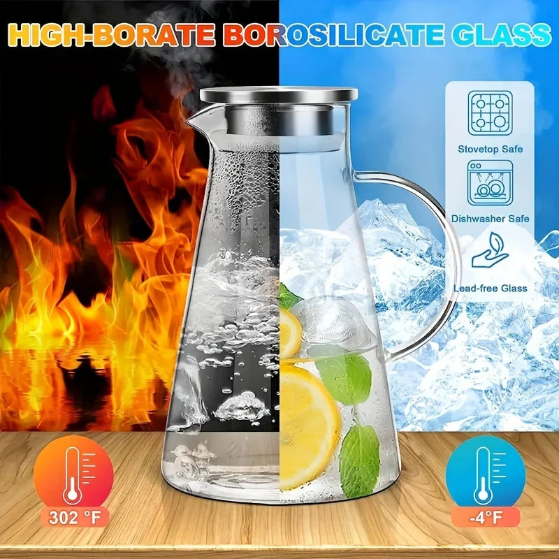 Jarra de agua de vidrio transparente resistente al calor, hervidor de agua frío y tazas, olla con asa, jarra de gran capacidad para oficina y hogar.