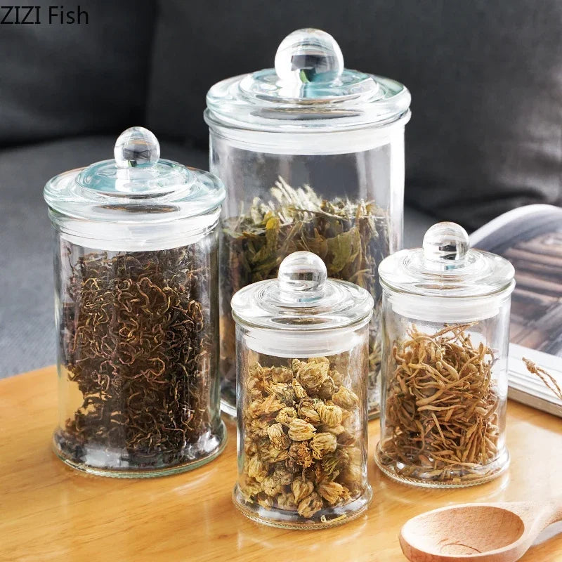 Tarros de almacenamiento de vidrio transparentes minimalistas con tapa, ideales para té, dulces, decoración de escritorio o como dispensador de cereales.