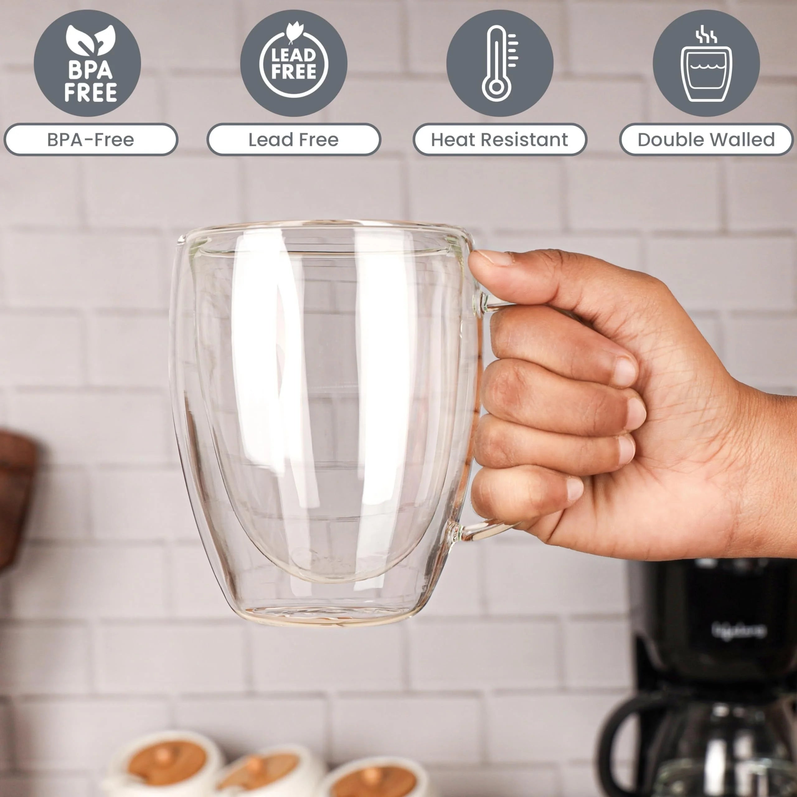2/4/6 unidades Taza de café de vidrio de doble pared de 350 ml con asa Taza de capuchino de vidrio transparente Taza de café, té con leche, jugo y té