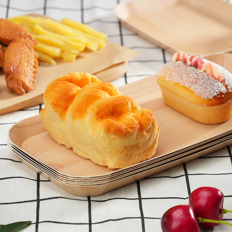 10/20 unidades de platos rectangulares desechables de madera, bandeja de papel, vajilla para postres, pan y ensaladas, accesorios de mesa para cenas y fiestas.