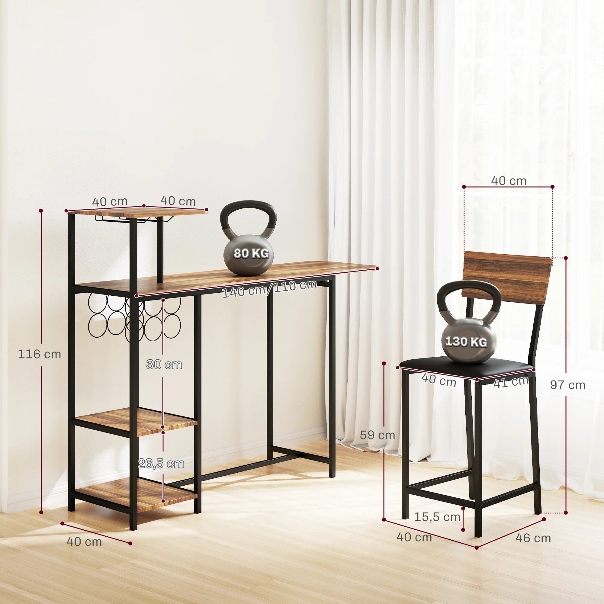 HOMCOM Conjunto de Mesa de Bar con Laterales Abatibles Soporte para Vinos y 2 Taburetes de Estilo Industrial Marrón y Negro