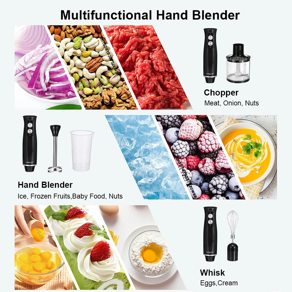 Batidora eléctrica de mano 4 en 1, mezcladora portátil para carne, verduras, ajo, picadora, batidora de huevos, licuadora de cocina para sopas, batidos, purés, etc.