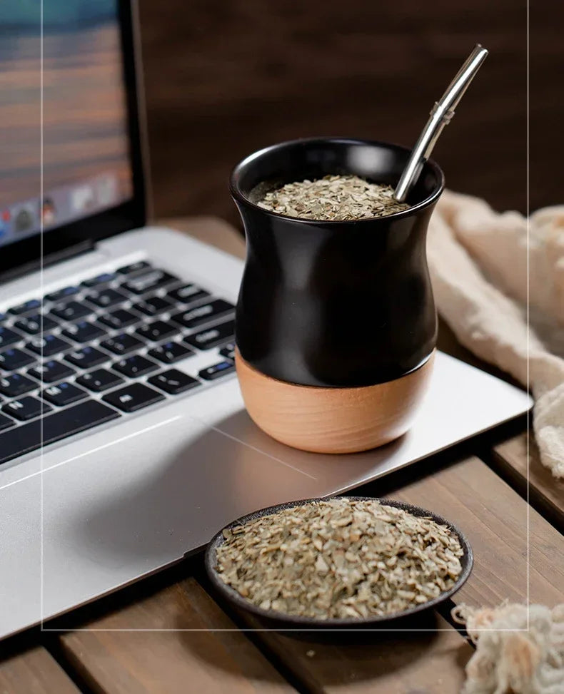 Mate   de acero inoxidable y cerámica con pajita 260 ml, cuchara y base de madera para leche, agua y té.