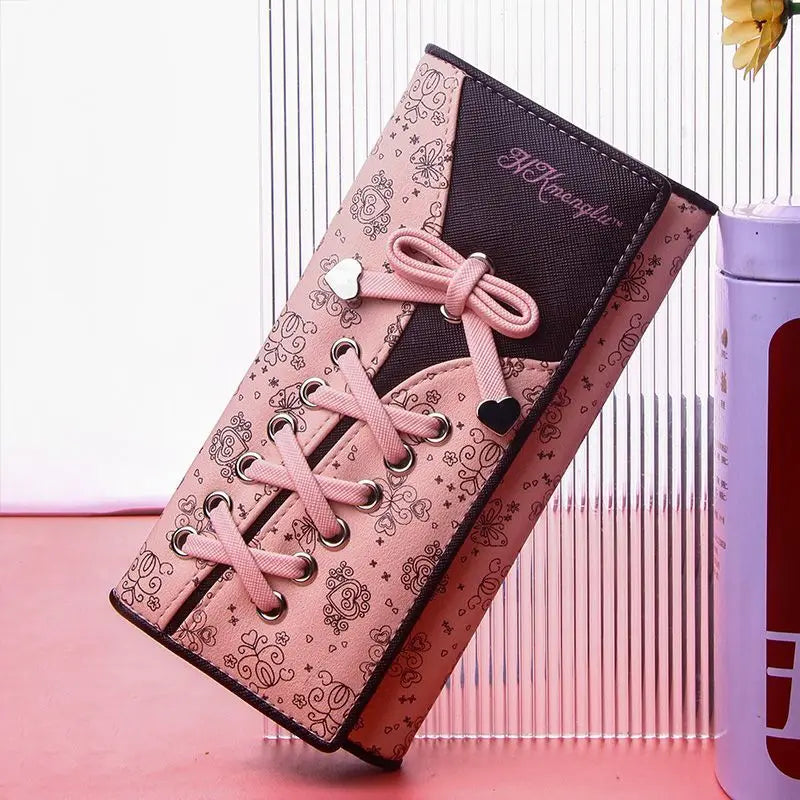 Cartera japonesa lolita para mujer, estilo casual, larga, de gran capacidad, con lazo, plegable, con tres compartimentos, linda y dulce, para tarjetas.