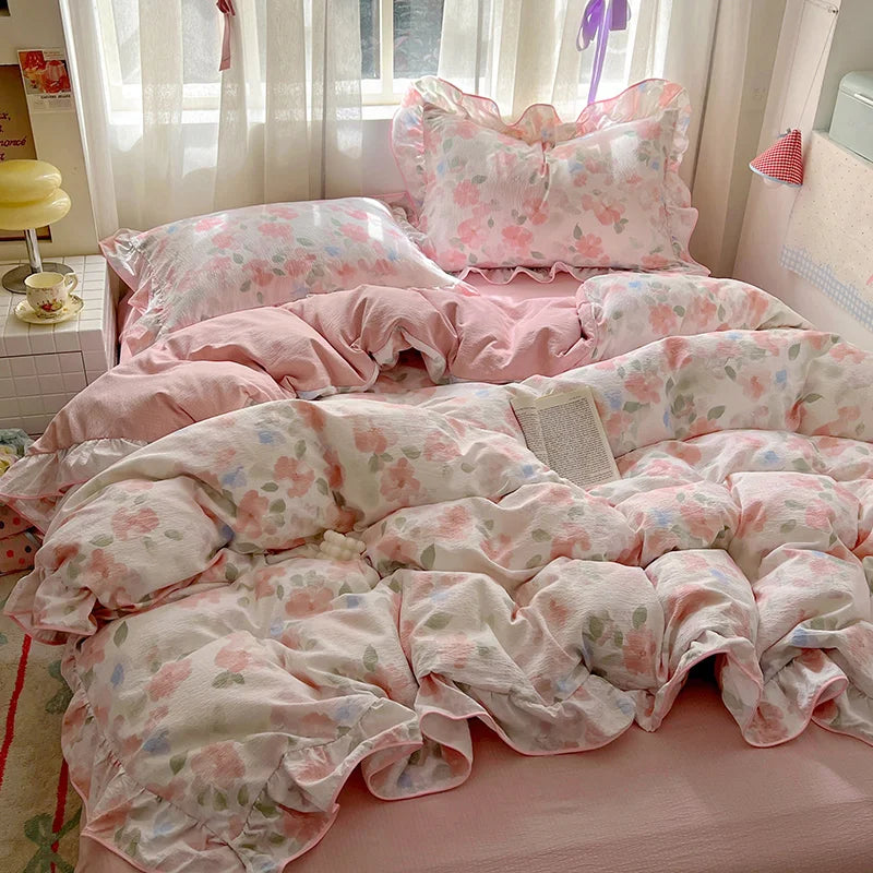 Juego de Ropa de Cama Ruffles Estilo Floral Funda de Edredón Funda de Almohada con Sábana Juego de Ropa de Cama Amigable con la Piel Ropa de Cama para Habitación de Niñas