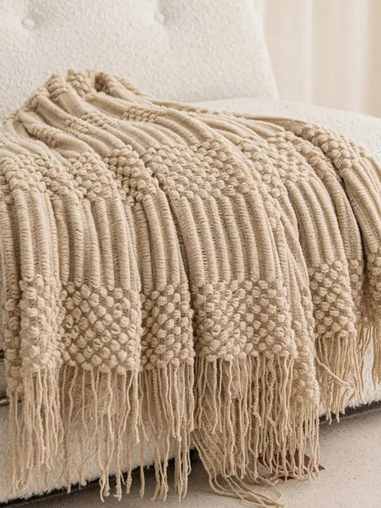 Manta tejida color caqui con borlas, gruesa, de estilo vintage, lujosa, estilo granja, cubrecama extragrande, manta para sofá