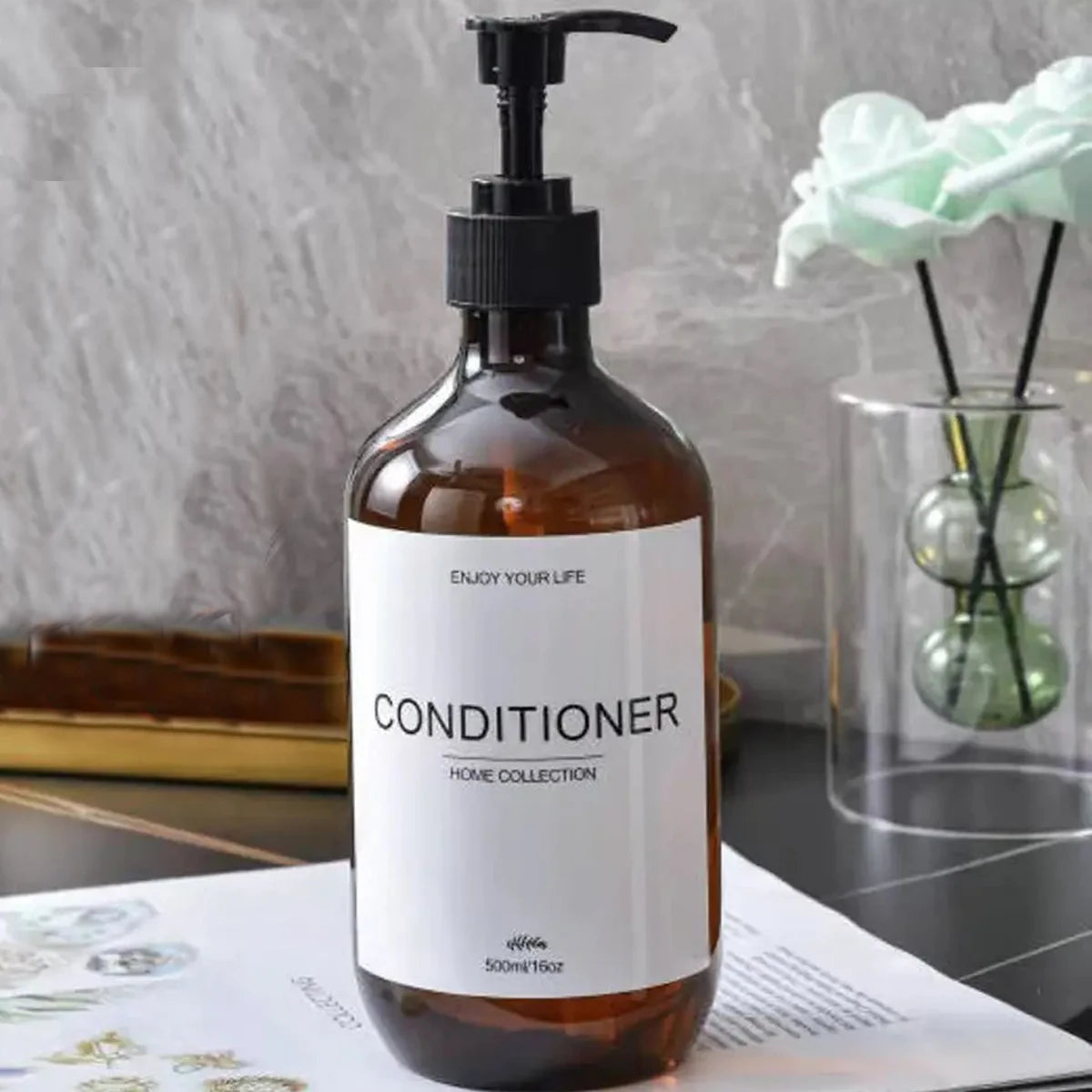 Juego de dispensadores de champú para baño de 500 ml, botellas de acondicionador y gel de ducha recargables, dispensador con decoración rústica, botellas de almacenamiento.