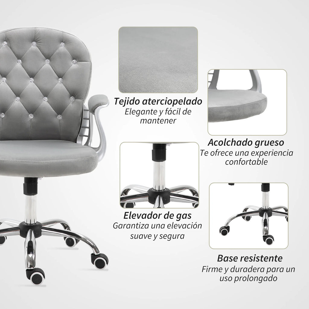 Vinsetto Silla de Escritorio de Terciopelo con Altura Ajustable Reposabrazos y Decoraciones de Diamantes 59,5x60,5x93-103 cm Gris