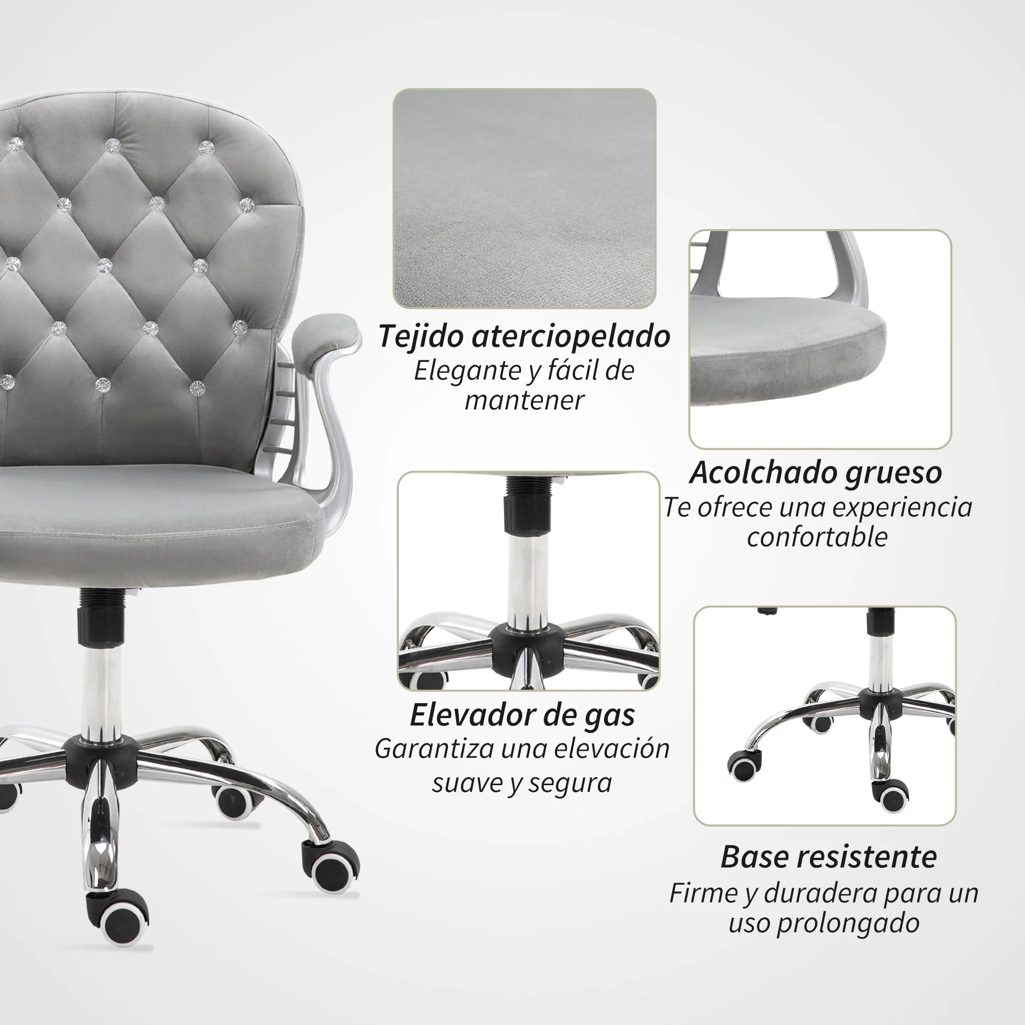 Vinsetto Silla de Escritorio de Terciopelo con Altura Ajustable Reposabrazos y Decoraciones de Diamantes 59,5x60,5x93-103 cm Gris