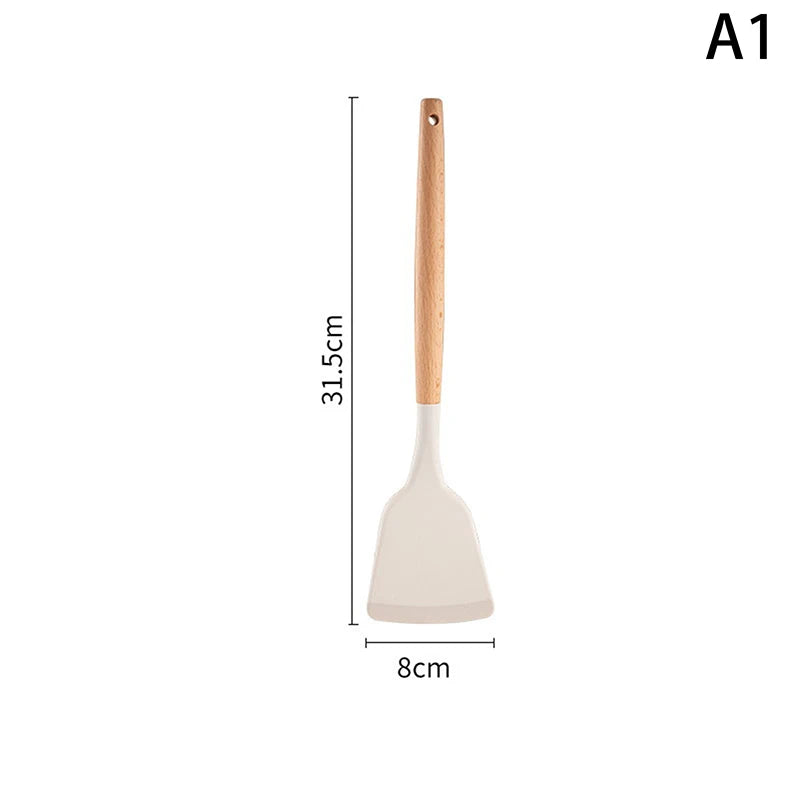 Juego de utensilios de cocina de silicona con mangos de madera: espátula y cucharón resistentes al calor para sartenes antiadherentes.