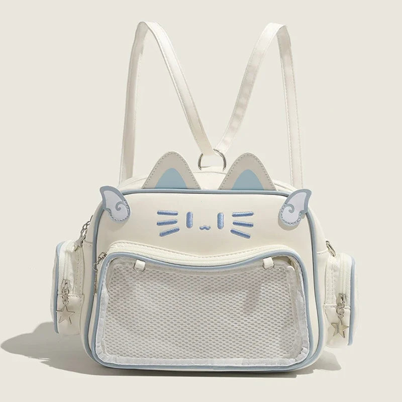Mochilas de moda para mujer Y2K estilo coreano/japonés Kawaii con gato, bolso Ita de PU, lindas chicas, bolsillo transparente, estéticas, bolsos de hombro y bandolera