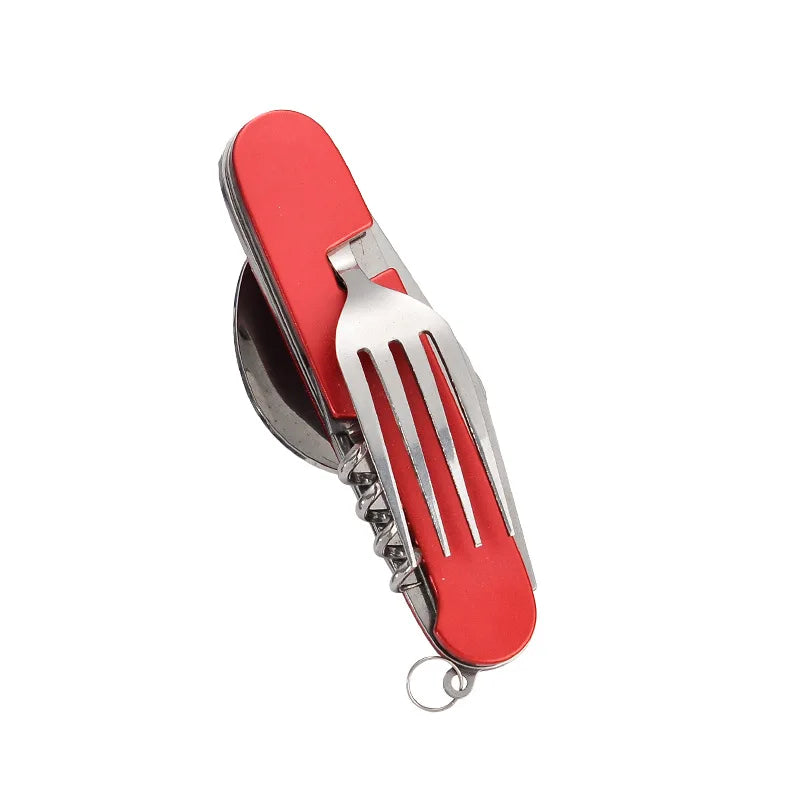 Juego de cucharas soperas 4 en 1: cuchara plegable, cuchillo, tenedor, abridor de botellas, acero inoxidable, kit de bolsillo plegable, vajilla para exteriores.