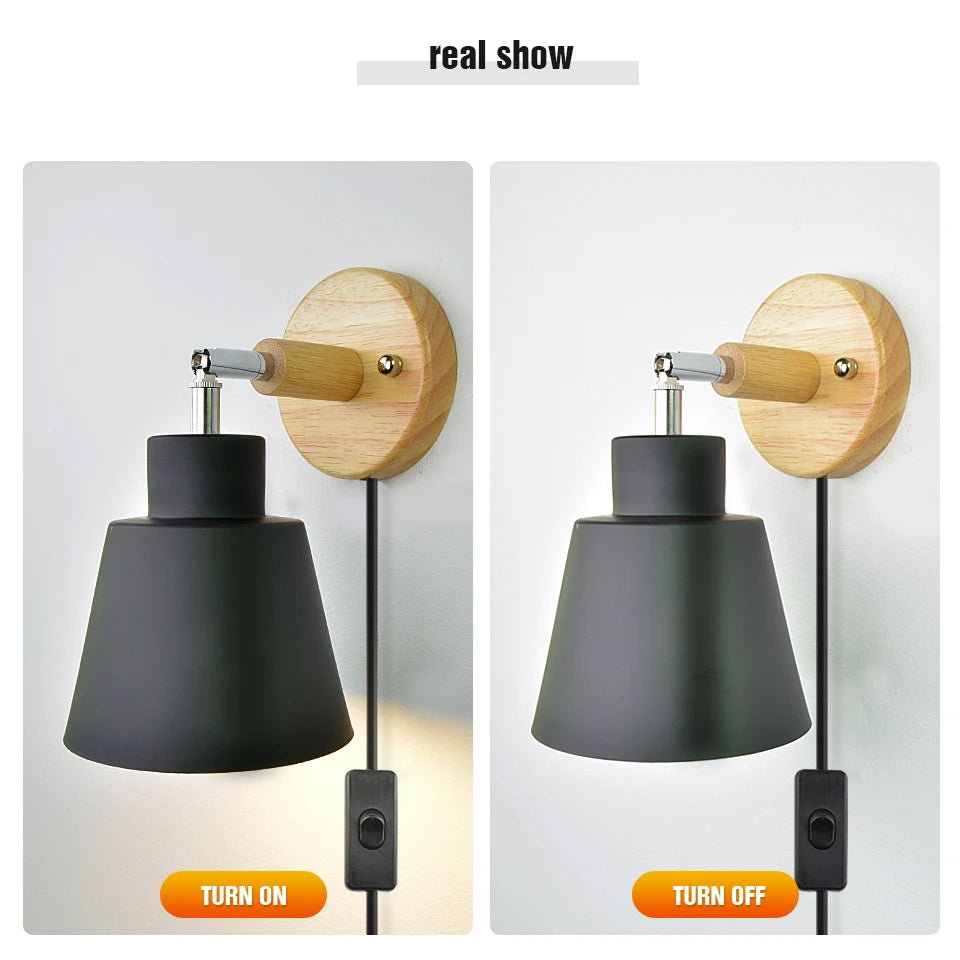 Aplique de pared nórdico para interiores, bricolaje, E27, madera, 6 colores, enchufe EU/UL, 350°, lámparas de pared para sala de estar, dormitorio, pasillo, apliques.