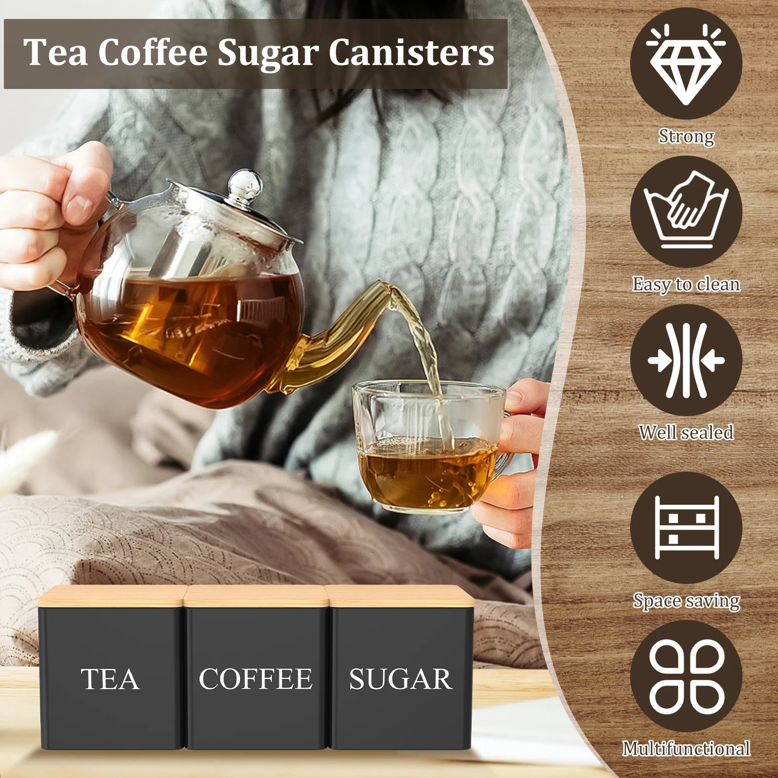 3 botes de almacenamiento para granos de café, té y azúcar, con cierre hermético al vacío. Botes de hierro para cocina con tapa hermética.