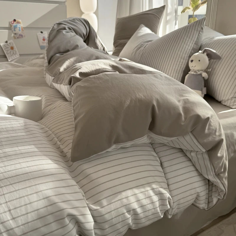 Juego de funda nórdica de algodón lavado, juego de edredón estilo nórdico minimalista, juego de cama gris a rayas, juego de ropa de cama textil para el hogar, sábanas 2025