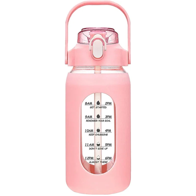 Botella de vidrio nueva de 946 ml/1656 ml/1892 ml (modelo 2024) con funda de silicona para pajita y marcador de tiempo. Ideal para camping, hogar, oficina y gimnasio.