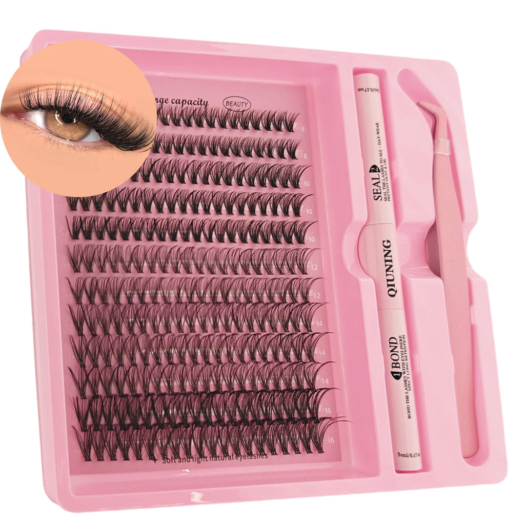 Kit de pestañas QIUNING, pestañas individuales esponjosas, adhesivo, sellador y removedor de pestañas, pestañas de visón sintético, extensión de pestañas DIY.