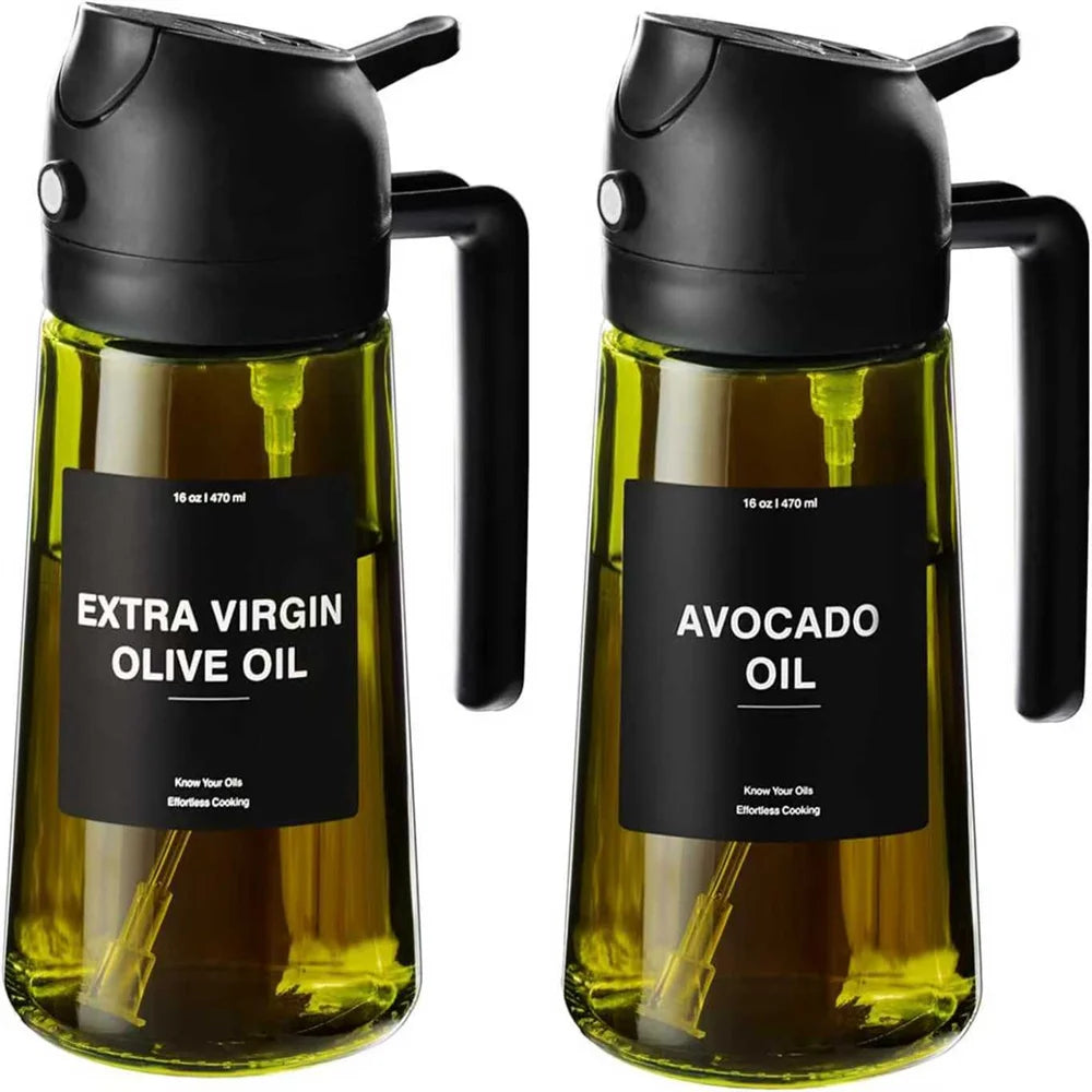 Pulverizador de aceite de 470 ml para cocinar, dispensador de aceite de oliva y botella pulverizadora 2 en 1, pulverizador de aceite con pegatinas, botella pulverizadora de vidrio grueso