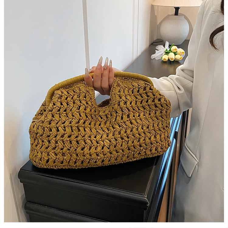 Nuevo bolso de playa de verano para mujer, bolso de mano de lujo de diseñador, bolsos de paja, bolso tote, bolsos de moda de ratán tejido, bolso de viaje para mujer