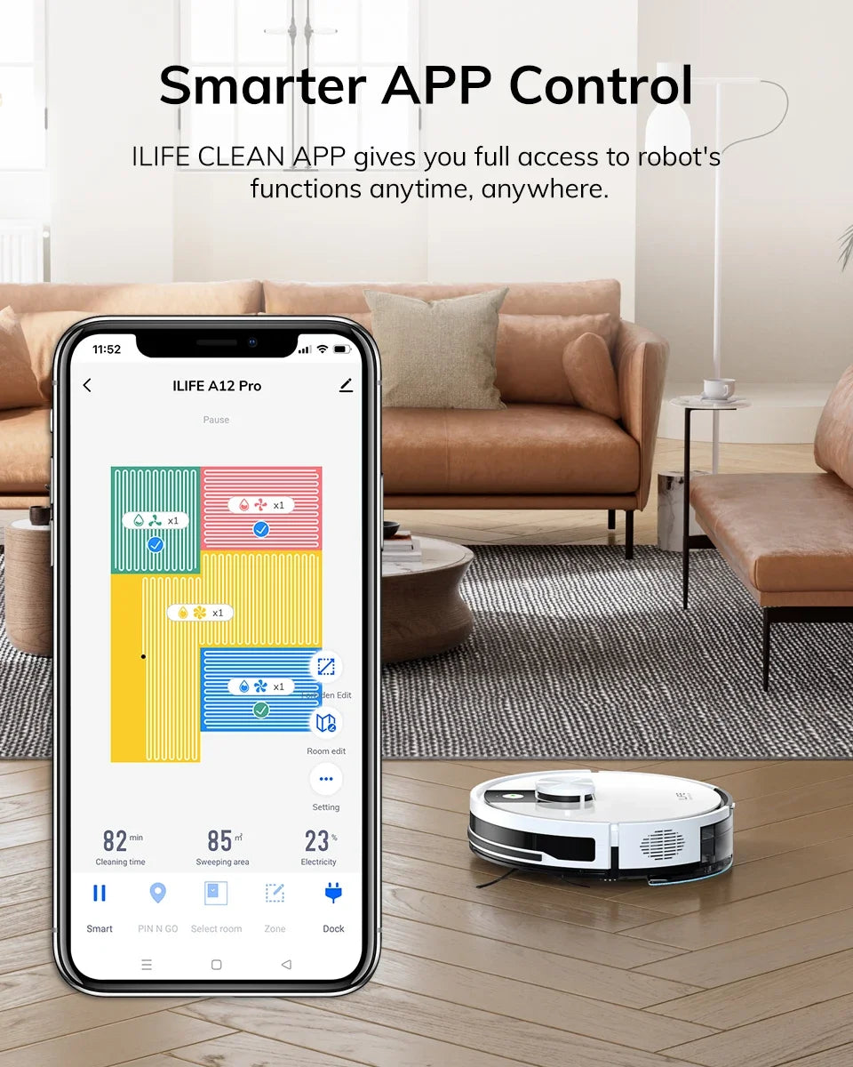 Robot aspirador y fregador ILIFE A12 Pro, navegación LIDAR, recogida automática de polvo, succión de 3000 Pa, control por app/remoto.