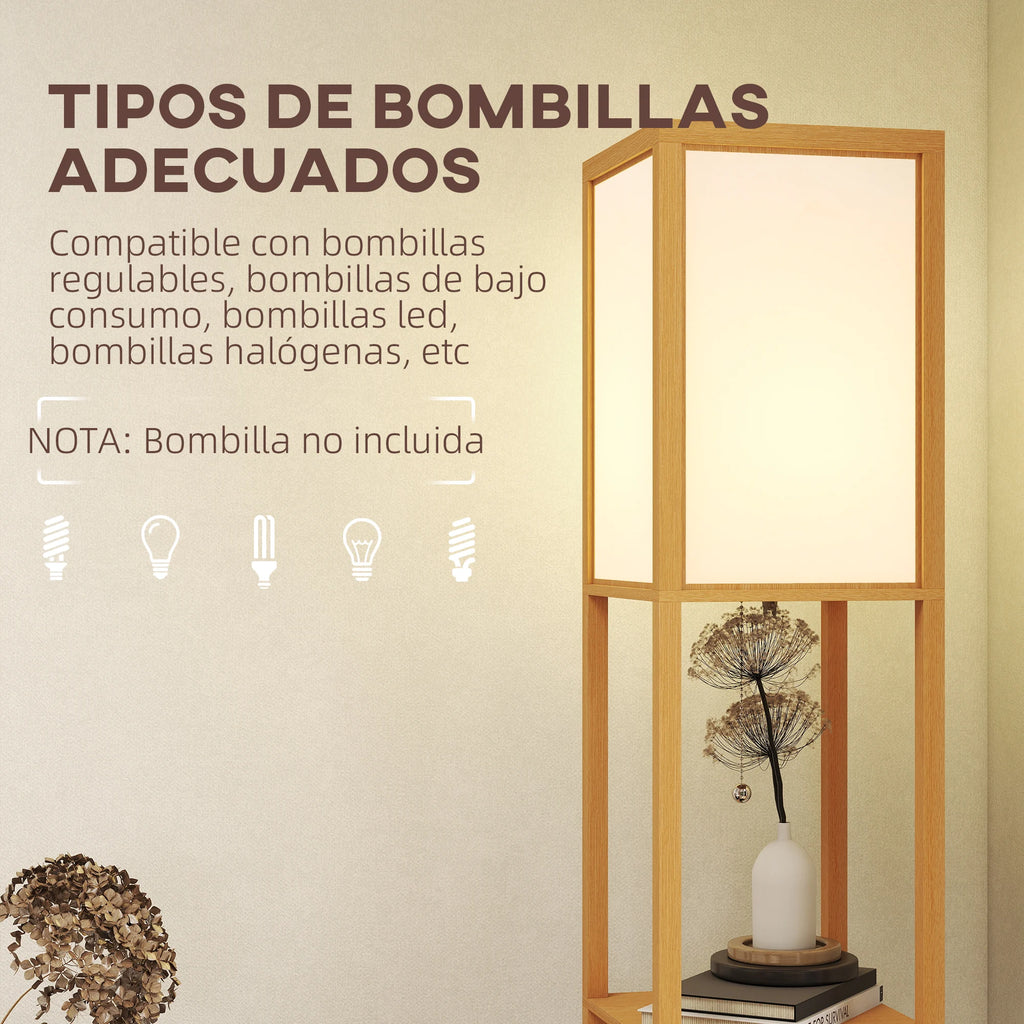Lámpara de pie Homcom con estantes de almacenamiento, lámpara moderna de madera, bombilla E27, para sala de estar, dormitorio u oficina.