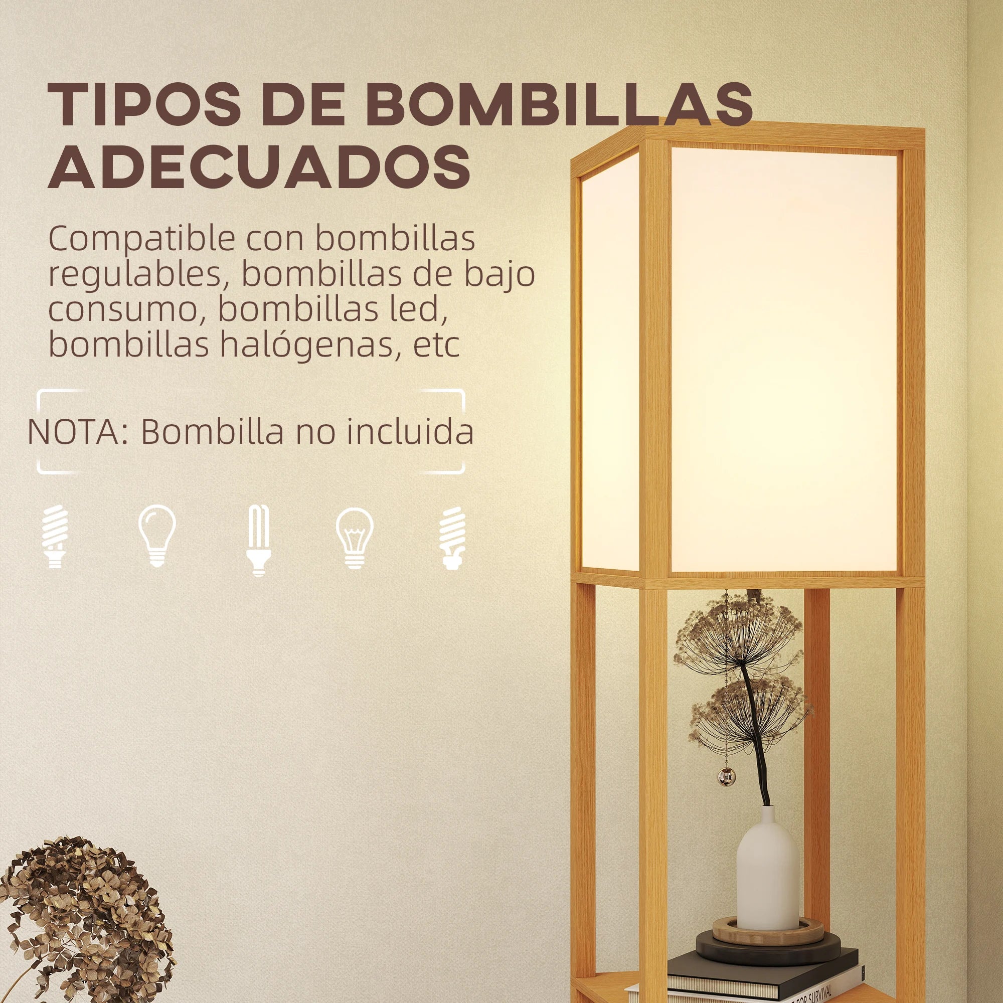 Lámpara de pie Homcom con estantes de almacenamiento, lámpara moderna de madera, bombilla E27, para sala de estar, dormitorio u oficina.
