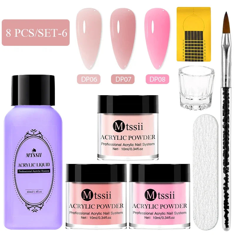 Juego de 8 piezas de sistema de uñas acrílicas en polvo MTSSII, color rosa nude transparente, monómero líquido con pincel para extensiones de uñas y tallado de flores.