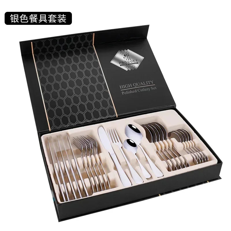 Juego de vajilla dorada de 24 piezas, lujo ligero, acero inoxidable, cubiertos, tenedor, cuchillo, cuchara, vajilla minimalista con caja de regalo.