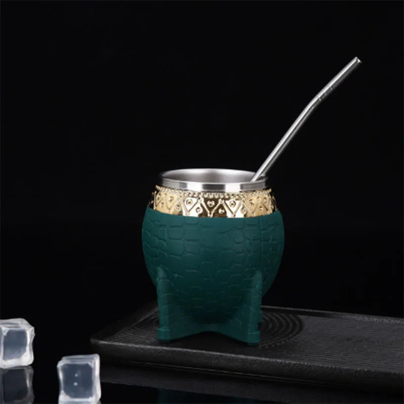 Mate de acero inoxidable de doble capa con pajita, textura de caparazón de tortuga