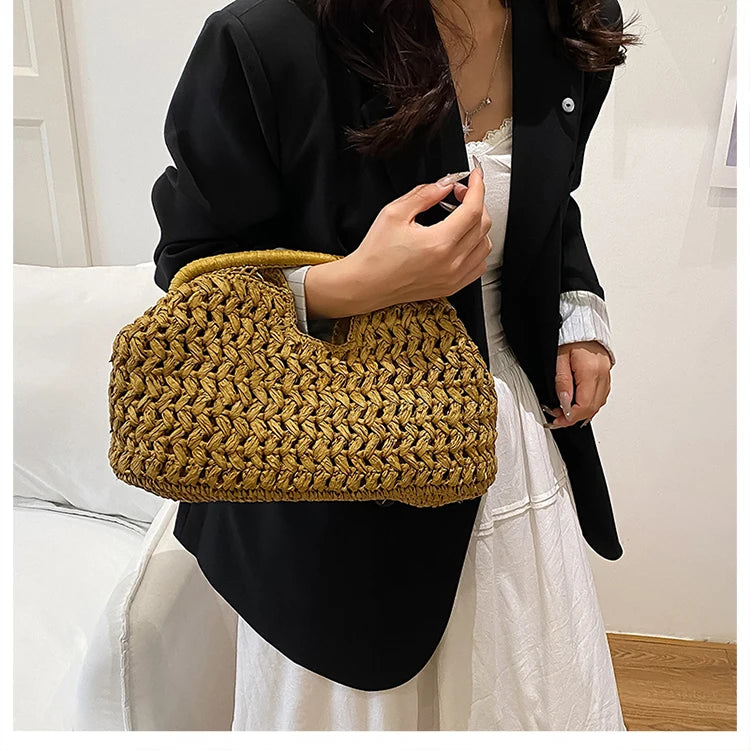 Nuevo bolso de playa de verano para mujer, bolso de mano de lujo de diseñador, bolsos de paja, bolso tote, bolsos de moda de ratán tejido, bolso de viaje para mujer
